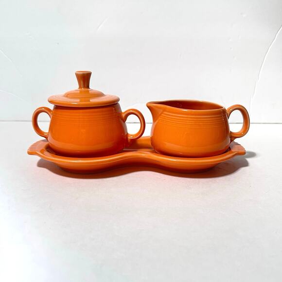 Vintage Fiestaware Sugar & Creamer Tray 4- Piece Set in Retired Tangerine Orange - Picture 1 of 9